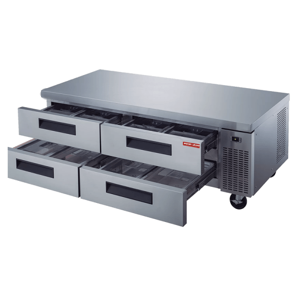 Product image of stainless steel refrigerated chef base. The chef base is a New Air Refrigeration equipment, a Canadian commercial refrigeration and restaurant equipment company