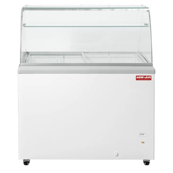 Product image of a curved glass ice cream freezer. The  curved glass ice cream freezer is a New Air Refrigeration equipment, a Canadian commercial refrigeration, freezer, refrigerated display, heated display and restaurant equipment company
