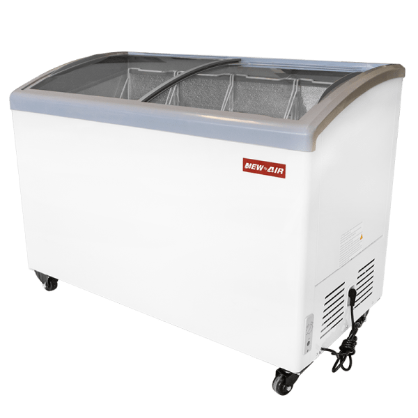 Product image of a curved glass ice cream freezer. The  curved glass ice cream freezer is a New Air Refrigeration equipment, a Canadian commercial refrigeration, freezer, refrigerated display, heated display and restaurant equipment company