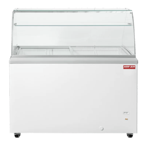 Product image of a flat glass ice cream freezer with dipping cabinet. The flat glass ice cream freezer with dipping cabinet is a New Air Refrigeration equipment, a Canadian commercial refrigeration, freezer, refrigerated display, heated display and restaurant equipment company