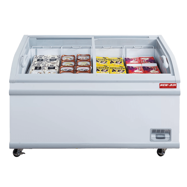 Product image of a curved glass ice cream freezer. The  curved glass ice cream freezer is a New Air Refrigeration equipment, a Canadian commercial refrigeration and restaurant equipment company