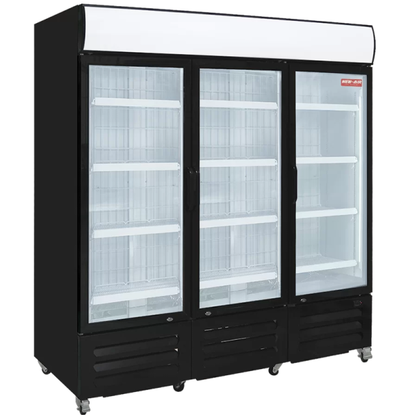 Product image of a refrigerated glass door merchandiser with canopy commercial refrigerator. The glass door merchandiser with canopy is a New Air Refrigeration equipment, a Canadian commercial refrigeration, freezer, refrigerated display, heated display and restaurant equipment company