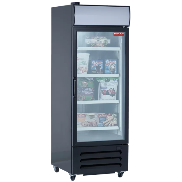 Product image of a refrigerated glass door merchandiser with canopy commercial refrigerator. The glass door merchandiser with canopy is a New Air Refrigeration equipment, a Canadian commercial refrigeration, freezer, refrigerated display, heated display and restaurant equipment company