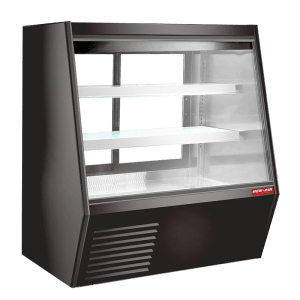 Image d'un présentoir réfrigéré par gravité. Le présentoir réfrigéré par gravité est un réfrigérateur commercial de boucherie pour la viande. Le présentoir réfrigéré à serpentin à gravité est un équipement de réfrigération New Air, une entreprise canadienne de réfrigération commerciale, de congélateur, de vitrine réfrigérée, de vitrine chauffante et d'équipement de restaurant.