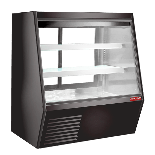 Product image of a refrigerated gravity coil deli case, and butcher shop commercial refrigerator for meat. The refrigerated gravity coil deli case is a New Air Refrigeration equipment, a Canadian commercial refrigeration, freezer, refrigerated display, heated display and restaurant equipment company