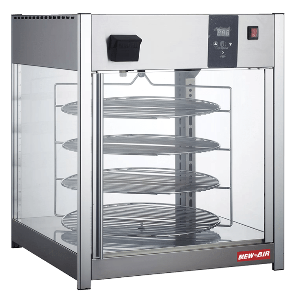 Product image of a heated pizza warmer case. The heated pizza warmer case is a New Air Refrigeration equipment, a Canadian commercial refrigeration, freezer, refrigerated display, heated display and restaurant equipment company