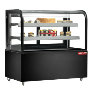 Product image of a curved glass refrigerated display case. The curved glass refrigerated display case is a New Air Refrigeration equipment, a Canadian commercial refrigeration, freezer, refrigerated display, heated display and restaurant equipment company
