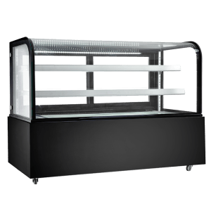 Product image of a curved glass refrigerated display case. The curved glass refrigerated display case is a New Air Refrigeration equipment, a Canadian commercial refrigeration, freezer, refrigerated display, heated display and restaurant equipment company