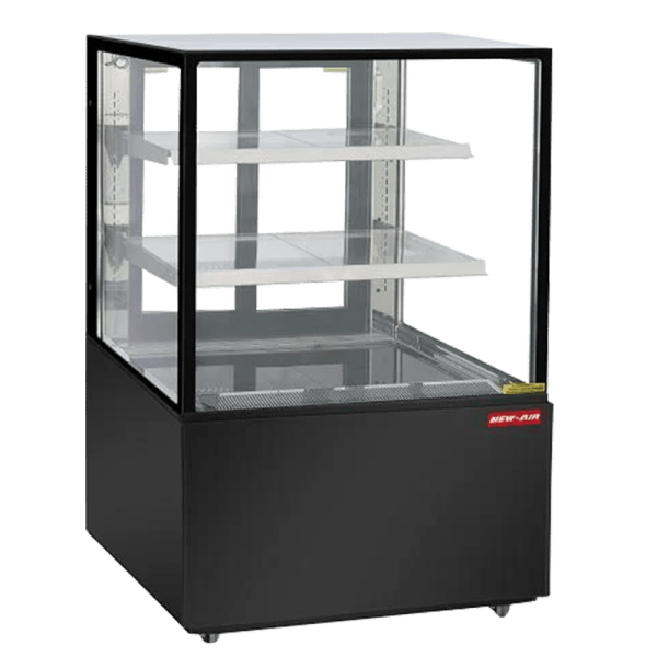 Product image of a square glass refrigerated display case. The square glass refrigerated display case is a New Air Refrigeration equipment, a Canadian commercial refrigeration, freezer, refrigerated display, heated display and restaurant equipment company