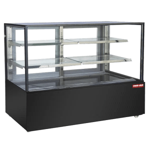 Product image of a square glass refrigerated display case. The square glass refrigerated display case is a New Air Refrigeration equipment, a Canadian commercial refrigeration, freezer, refrigerated display, heated display and restaurant equipment company