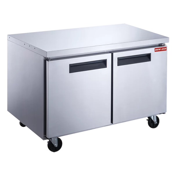 Product image of a stainless steel refrigerated undercounter refrigerator table commercial refrigerator. The stainless steel undercounter commercial refrigerator and freezer is a New Air Refrigeration equipment, a Canadian commercial refrigeration, freezer, refrigerated display, heated display and restaurant equipment company