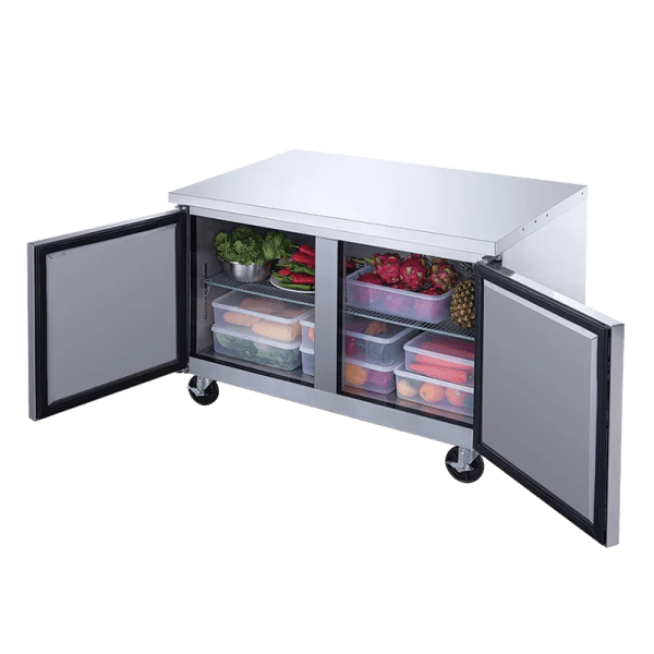 Product image of a stainless steel refrigerated undercounter refrigerator table commercial refrigerator. The stainless steel undercounter commercial refrigerator and freezer is a New Air Refrigeration equipment, a Canadian commercial refrigeration, freezer, refrigerated display, heated display and restaurant equipment company
