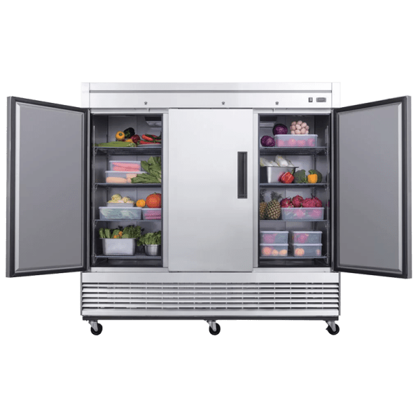 Product image of a refrigerated stainless steel reach-in commercial refrigerator. The refrigerated stainless steel reach-in commercial refrigerator is a New Air Refrigeration equipment, a Canadian commercial refrigeration, freezer, refrigerated display, heated display and restaurant equipment company