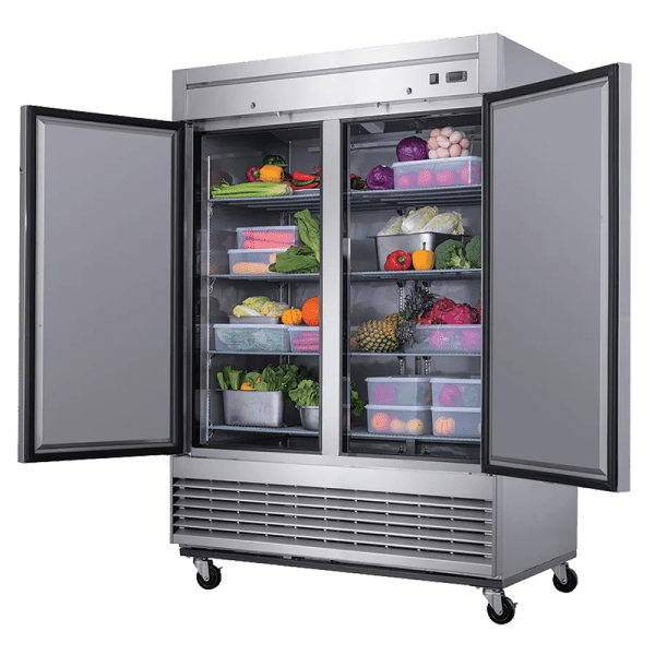 Product image of a refrigerated stainless steel reach-in commercial refrigerator. The refrigerated stainless steel reach-in commercial refrigerator is a New Air Refrigeration equipment, a Canadian commercial refrigeration, freezer, refrigerated display, heated display and restaurant equipment company