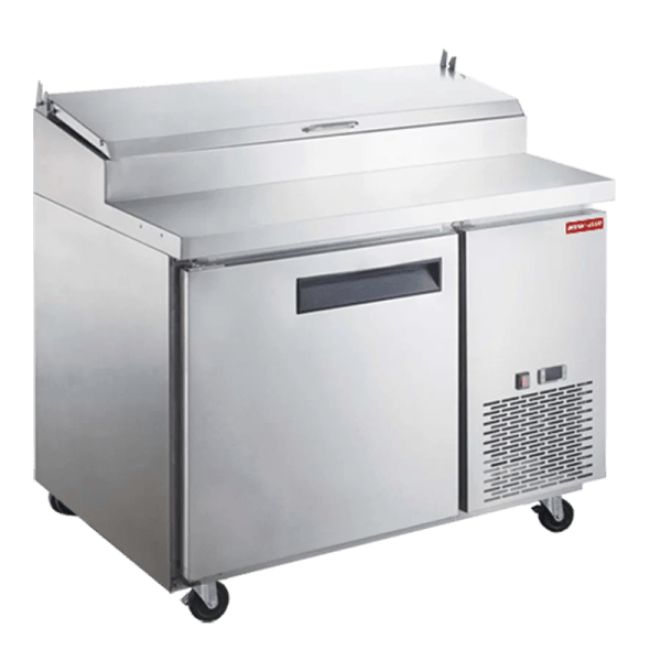 Product image of a stainless steel refrigerated pizza prep table commercial refrigerator. The stainless steel refrigerated pizza prep table commercial refrigerator is a New Air Refrigeration equipment, a Canadian commercial refrigeration, freezer, refrigerated display, heated display and restaurant equipment company
