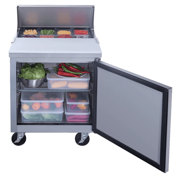 Product image of a stainless steel refrigerated salad and sandwich prep table commercial refrigerator. The stainless steel refrigerated salad and sandwich prep table commercial refrigerator is a New Air Refrigeration equipment, a Canadian commercial refrigeration, freezer, refrigerated display, heated display and restaurant equipment company