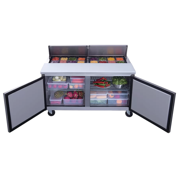 Product image of a stainless steel refrigerated salad and sandwich prep table commercial refrigerator. The stainless steel refrigerated salad and sandwich prep table commercial refrigerator is a New Air Refrigeration equipment, a Canadian commercial refrigeration, freezer, refrigerated display, heated display and restaurant equipment company