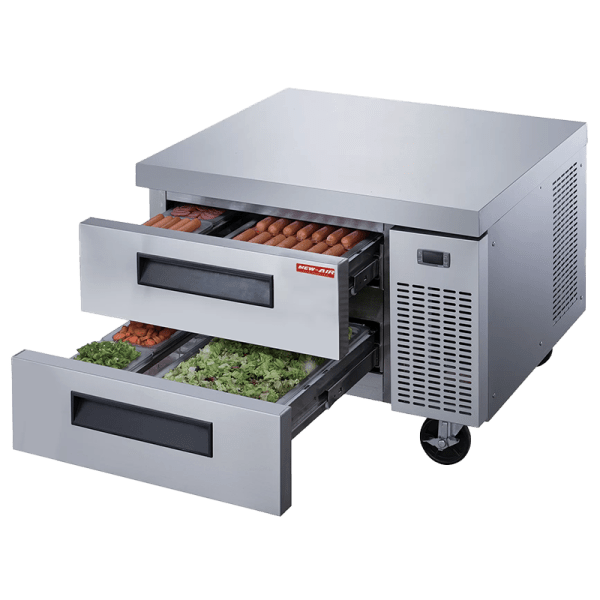 Product image of stainless steel refrigerated chef base. The chef base is a New Air Refrigeration equipment, a Canadian commercial refrigeration and restaurant equipment company